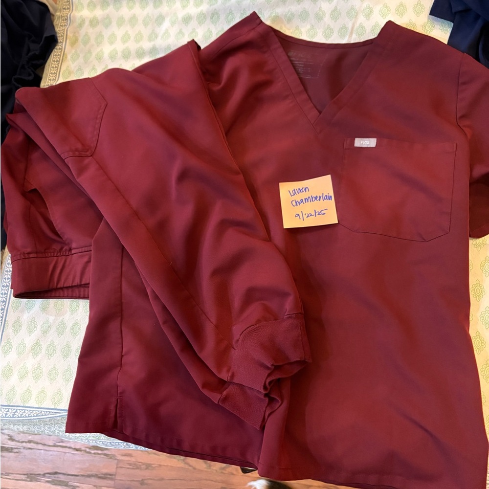 Figs Womens V-Neck Scrub Top and Pants in Wine